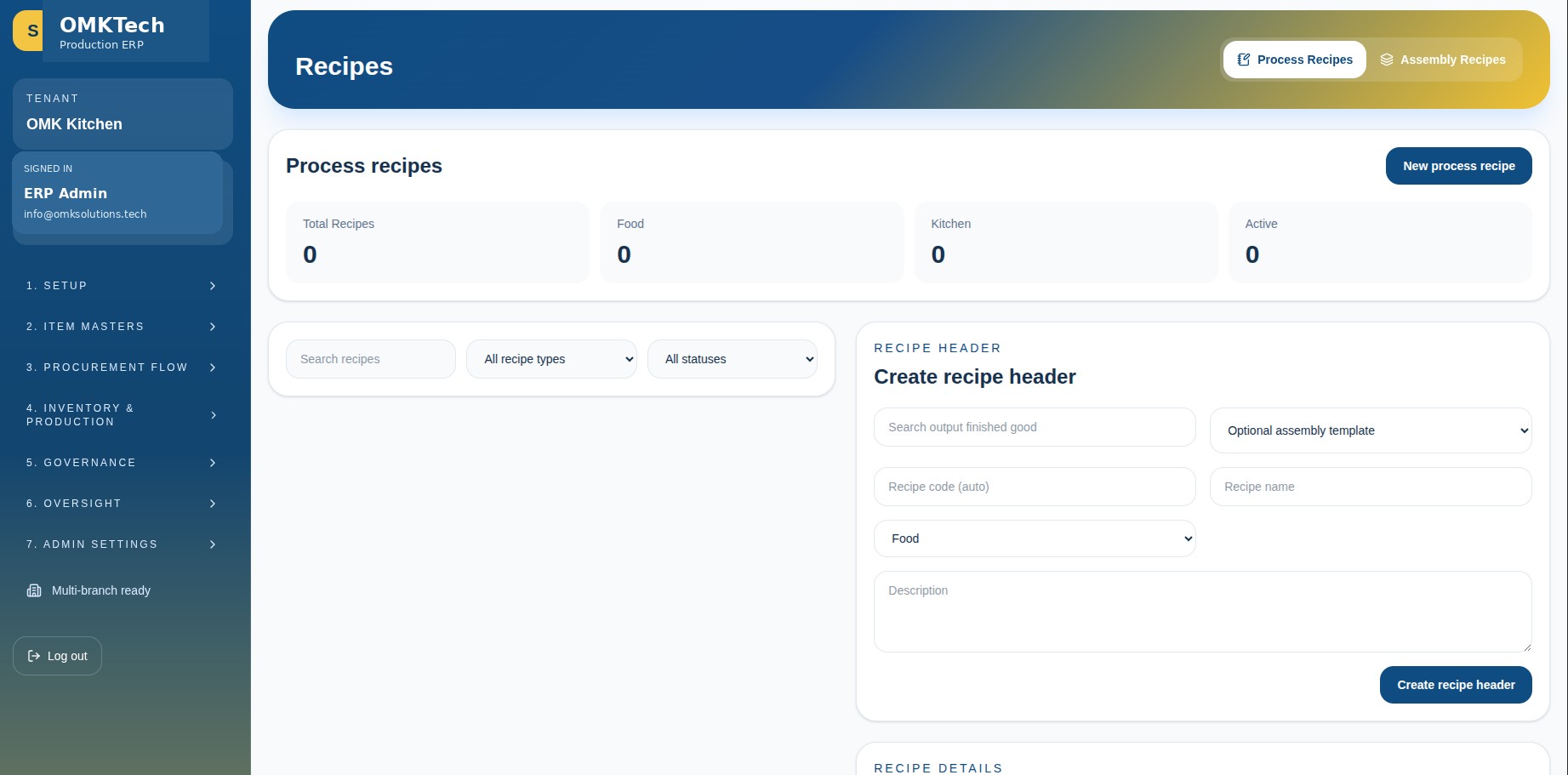 OMKTech Kitchen Production recipe and production management system